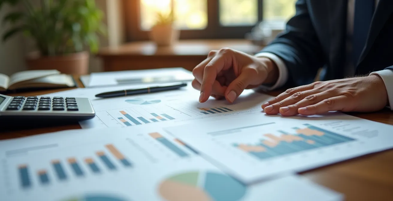 Mani che analizzano documenti finanziari e grafici su scrivania professionale