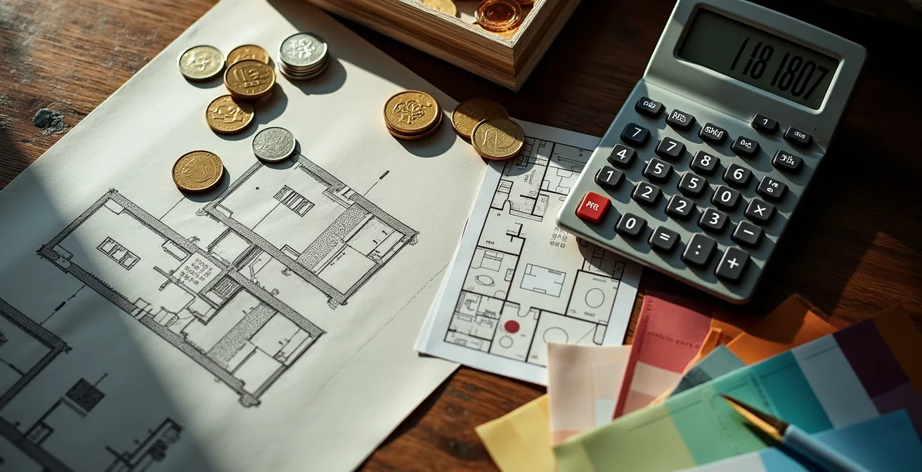 Vista dall'alto di una scrivania con calcolatrice e documenti immobiliari italiani