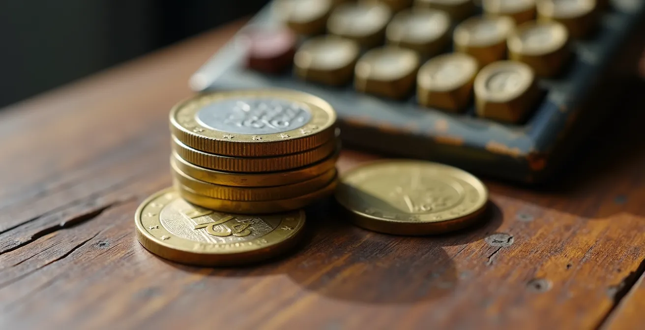 Dettaglio macro di monete euro e calcolatrice vintage su scrivania di legno italiano