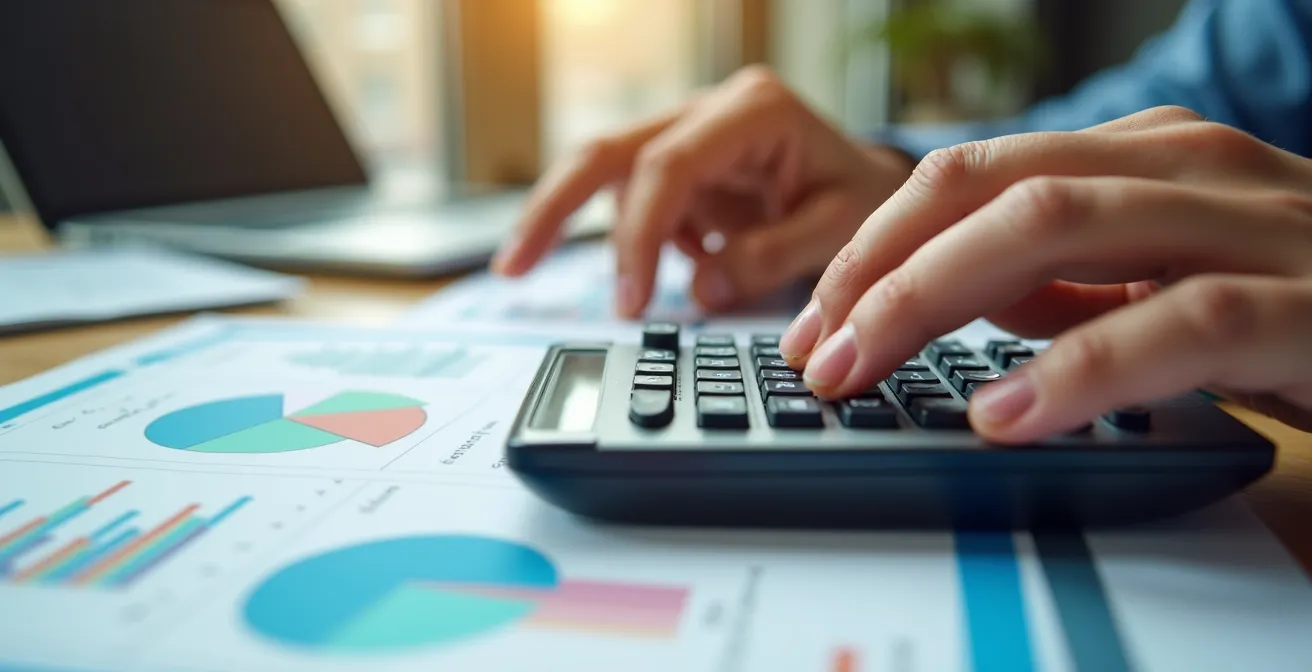 Mani che lavorano su calcolatrice con grafici finanziari e documenti sparsi sul tavolo