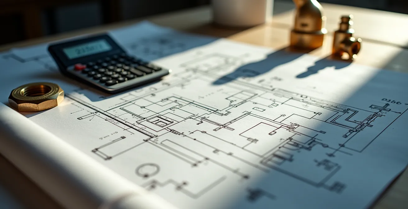 Tavolo con documenti di preventivo, calcolatrice e planimetria di un impianto idraulico