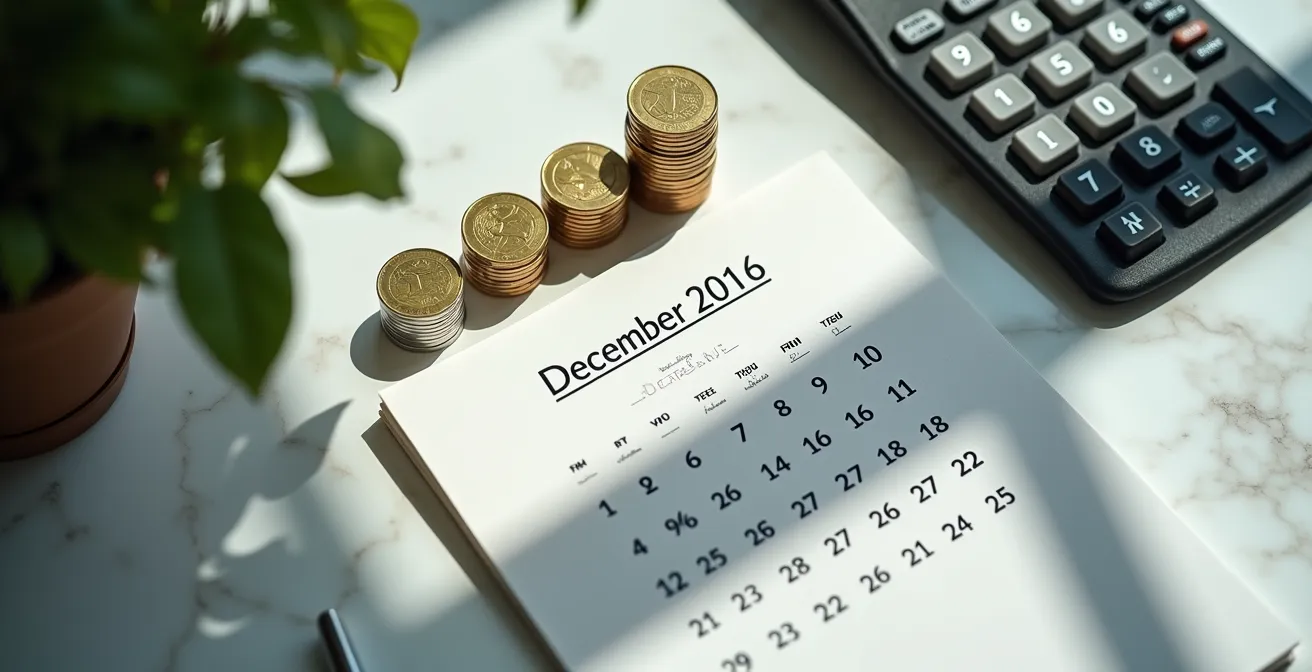 Calendario dicembre con banconote euro e calcolatrice su scrivania