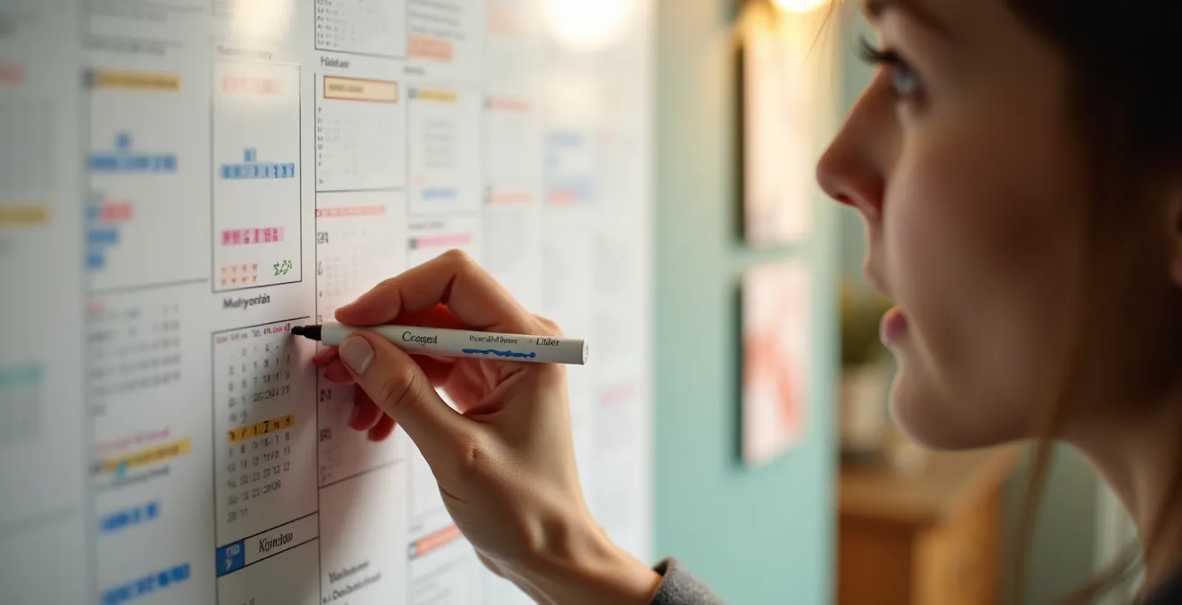 Vista dall'alto di un calendario con segnalini colorati per le scadenze fiscali e bollette