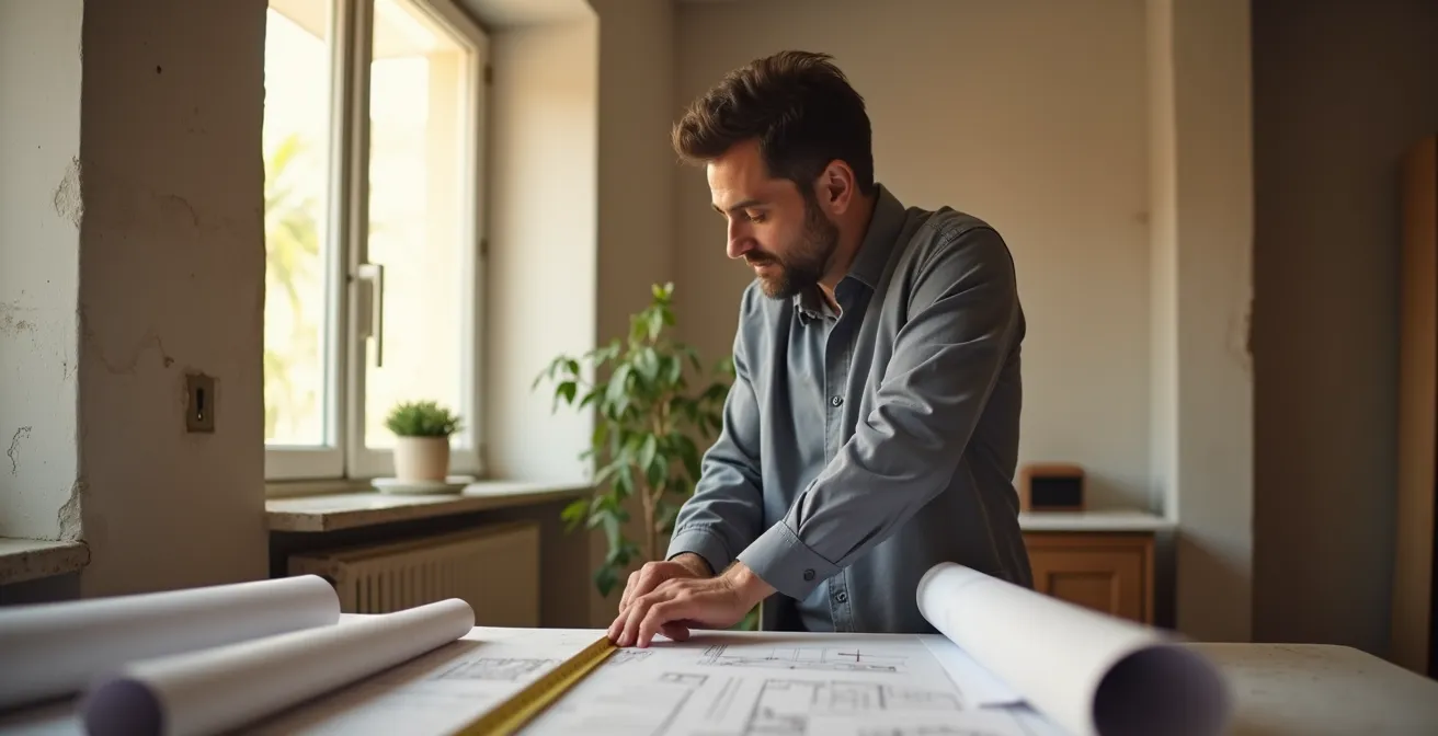 Interno di appartamento con tramezzi spostati e documentazione tecnica CILA