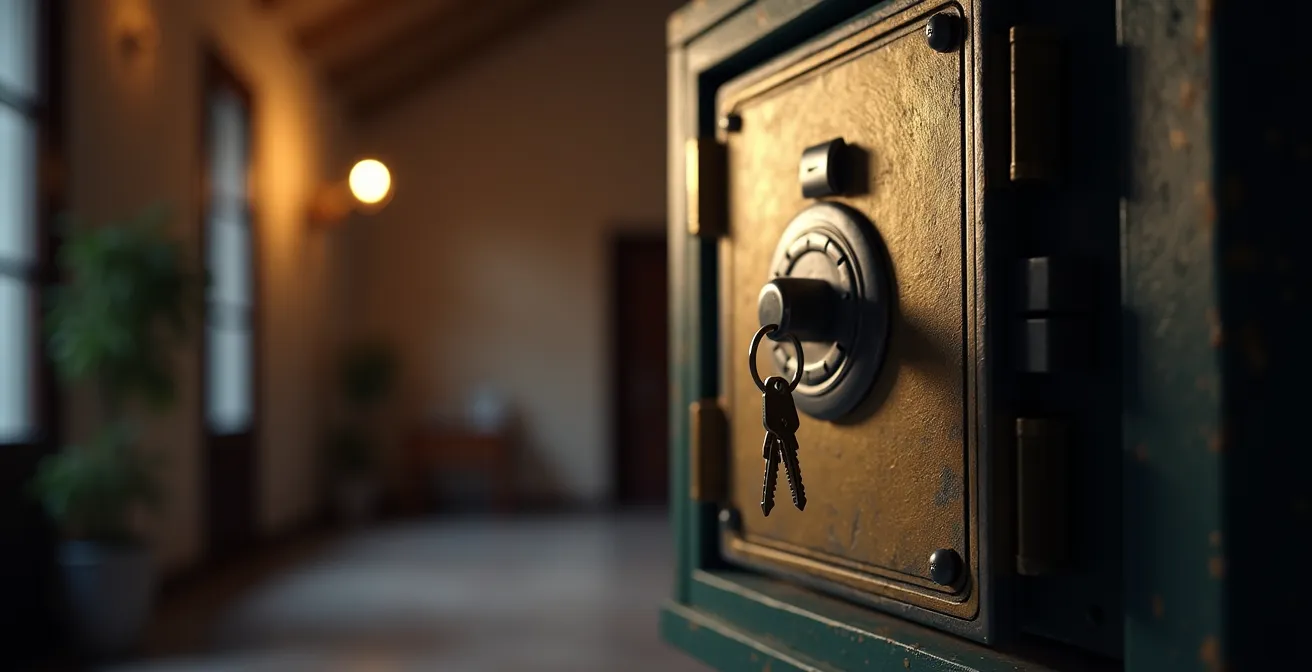 Cassaforte aperta con documenti notarili e chiavi di casa che simboleggiano la protezione del deposito prezzo