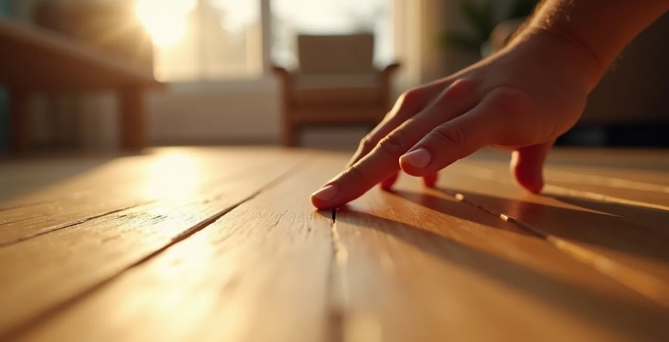 Primo piano della bisellatura del parquet con luce naturale obliqua