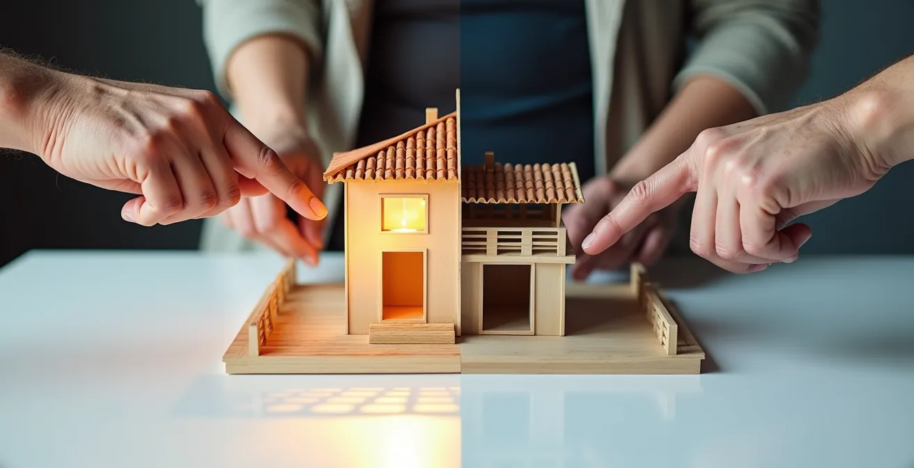 Mani che indicano parti diverse di una casa modello divisa simbolicamente a metà