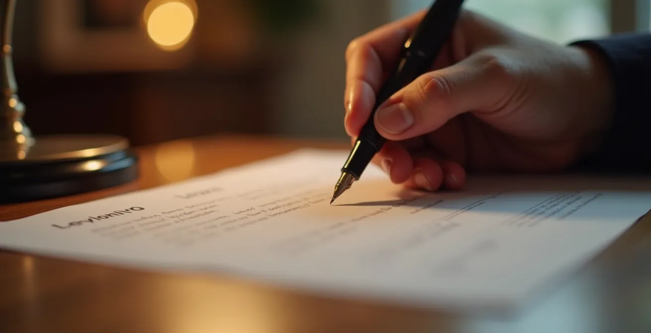 Mani italiane che firmano documenti di donazione con atmosfera calda