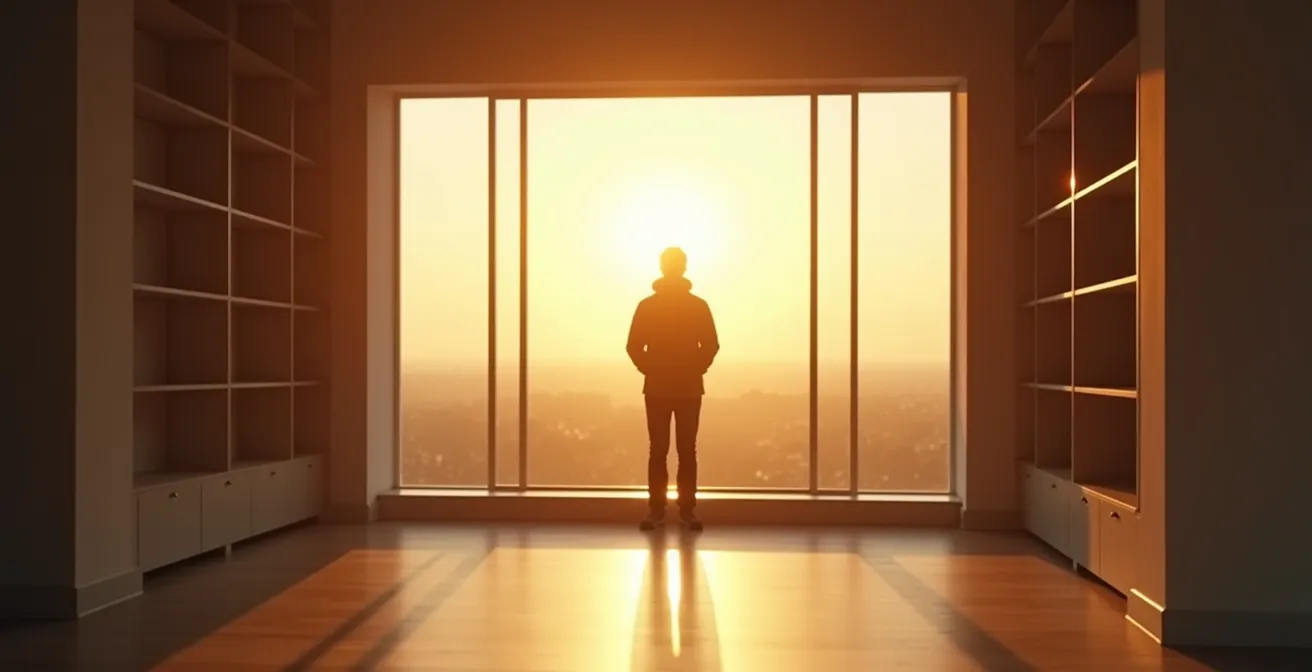 Persona che guarda l'orizzonte da una finestra luminosa, simboleggiando un nuovo inizio