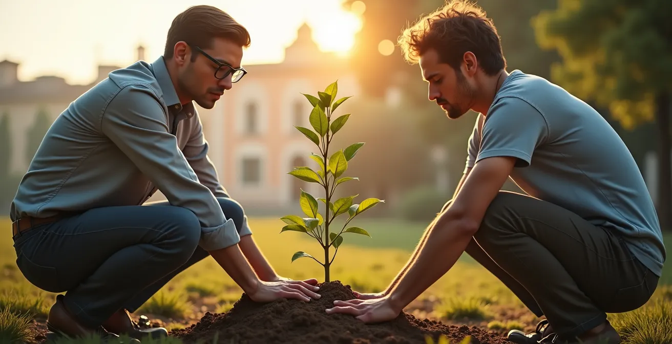 Contrasto visivo tra un giovane che inizia a investire presto e uno che inizia tardi