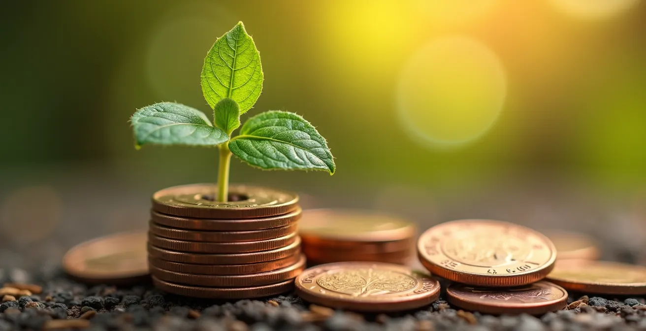 Macro fotografia di pianta che cresce attraverso monete impilate
