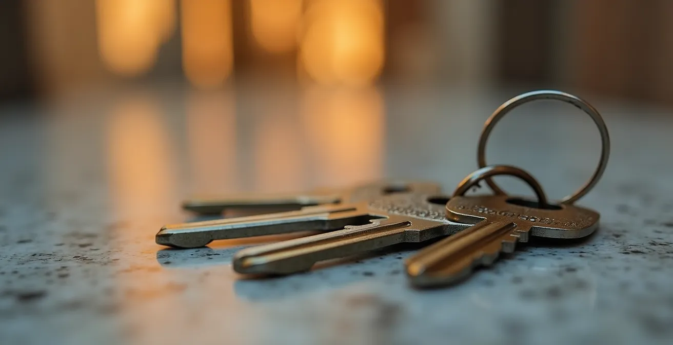 Vista macro di chiavi di proprietà immobiliari su superficie riflettente