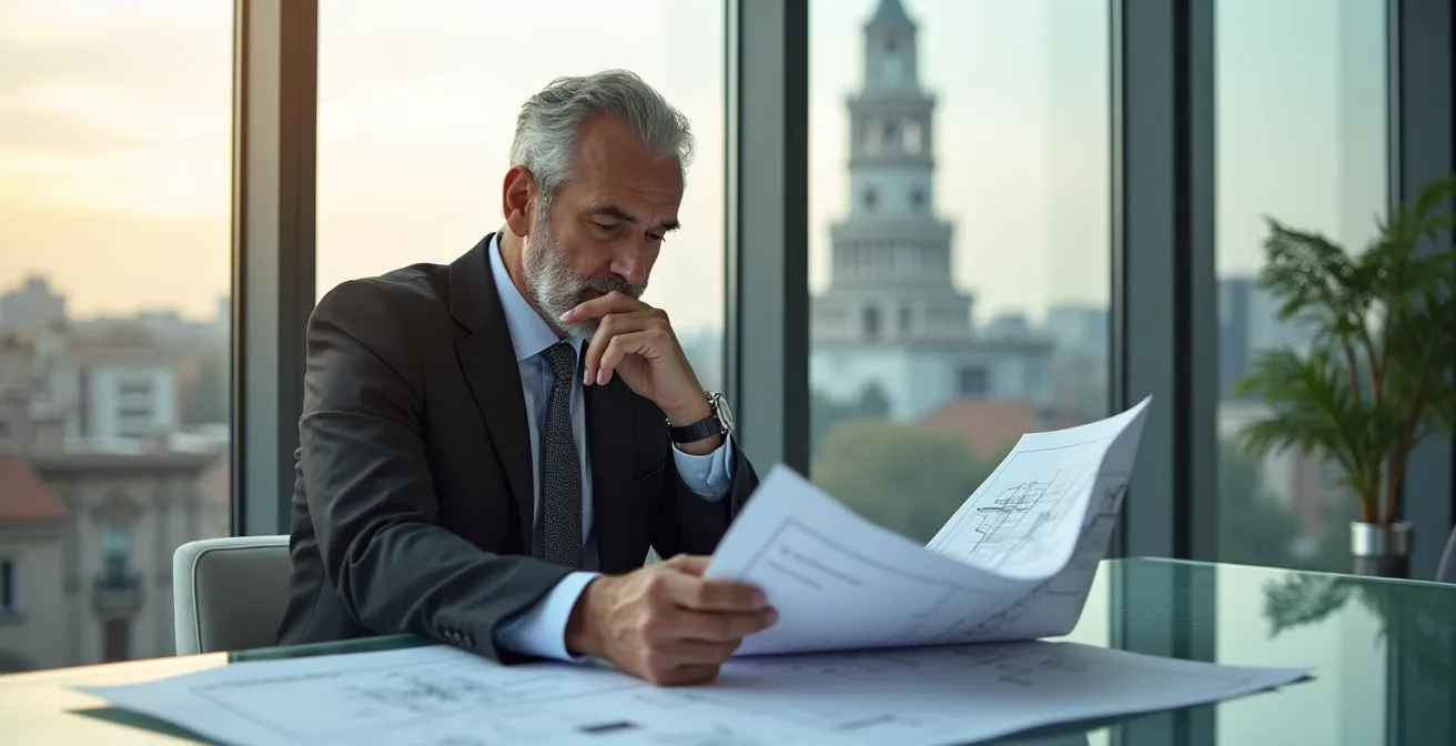 Investitore maturo che studia documenti immobiliari con skyline di Milano sullo sfondo