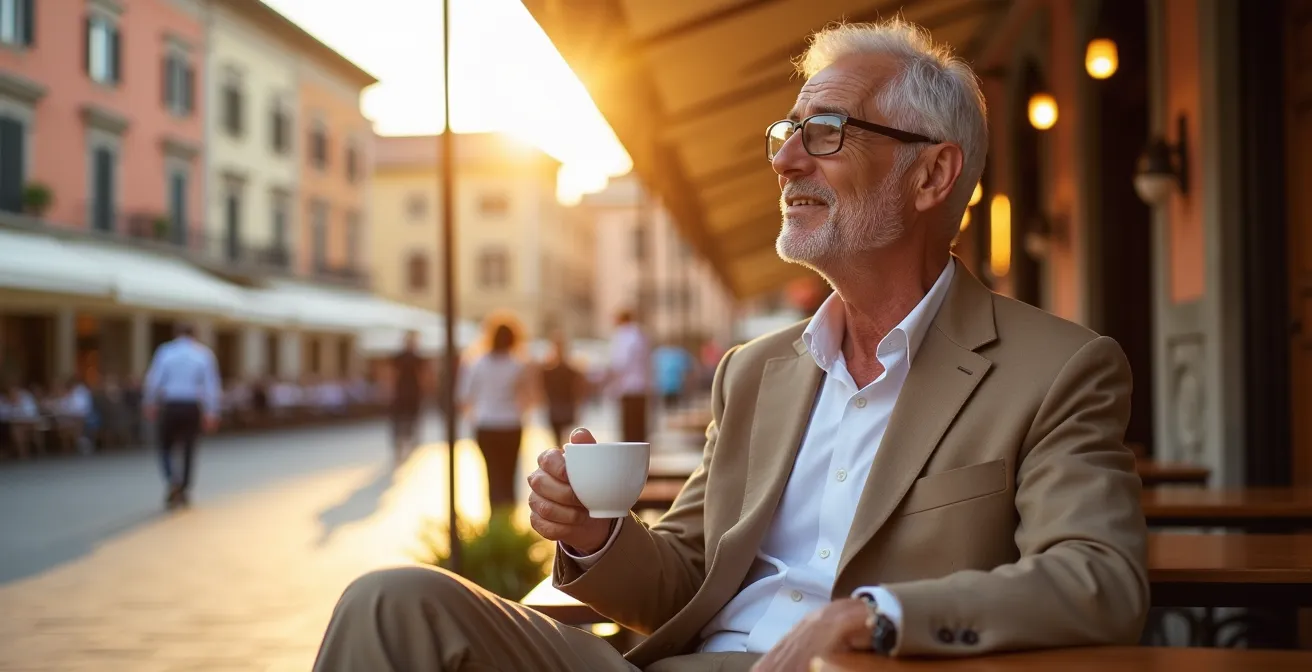 Persona matura in ambiente sereno italiano che simboleggia la libertà del prepensionamento
