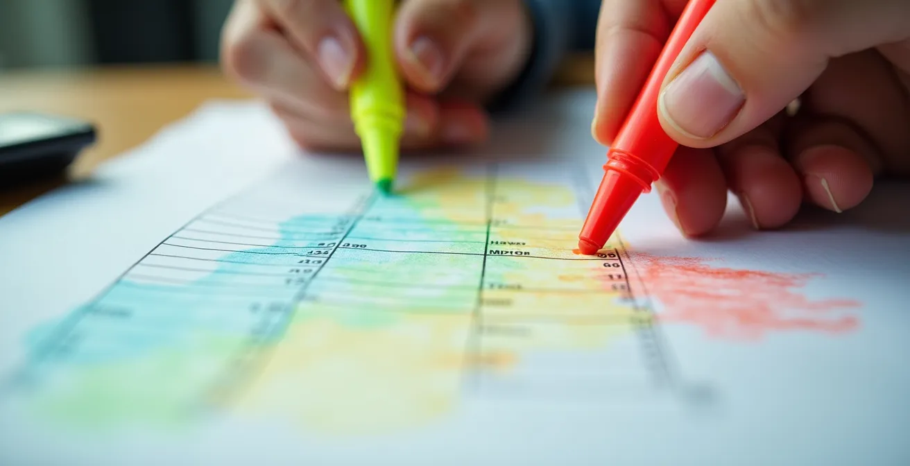 Mani che evidenziano un estratto conto con tre colori diversi su una scrivania