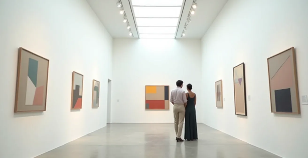 Galleria d'arte italiana con opere moderne e famiglia che osserva