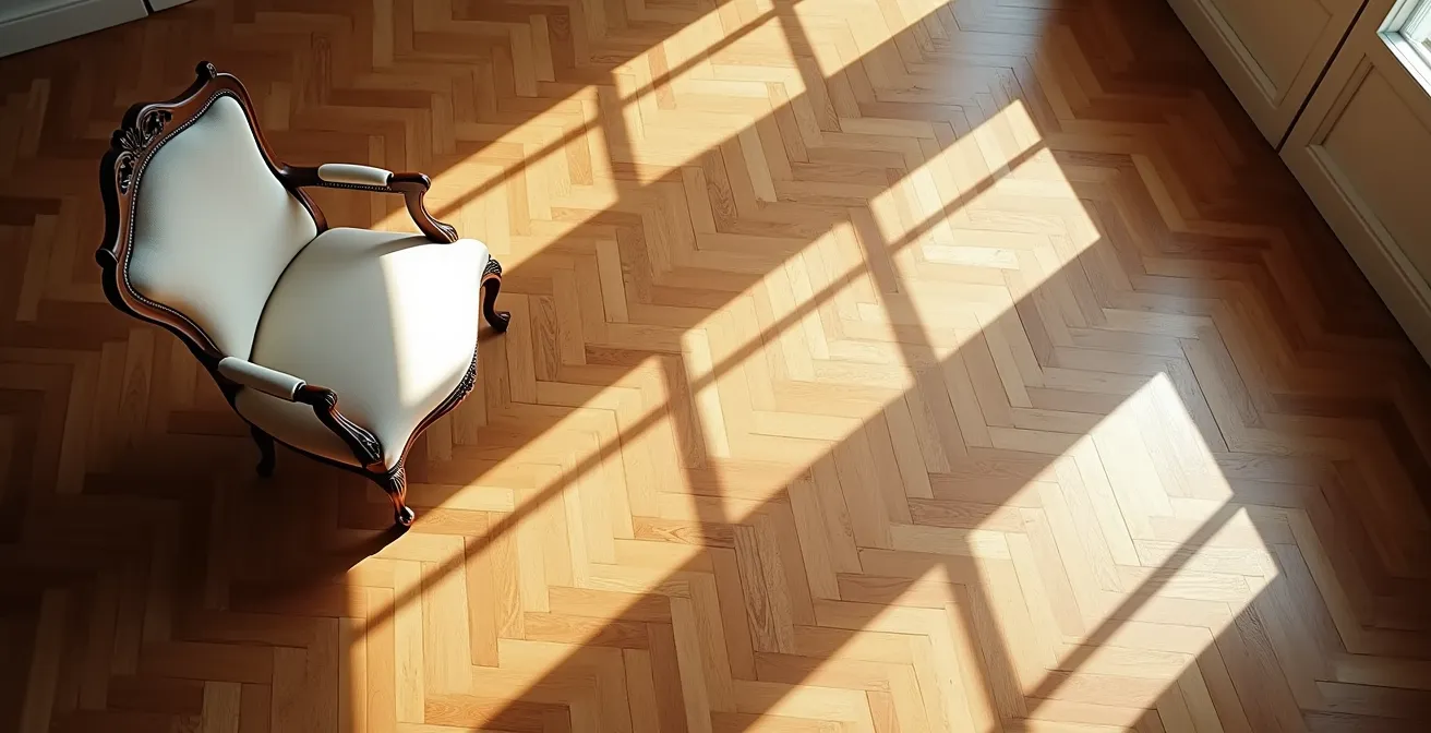 Vista dall'alto di parquet posato a spina ungherese in ambiente luminoso