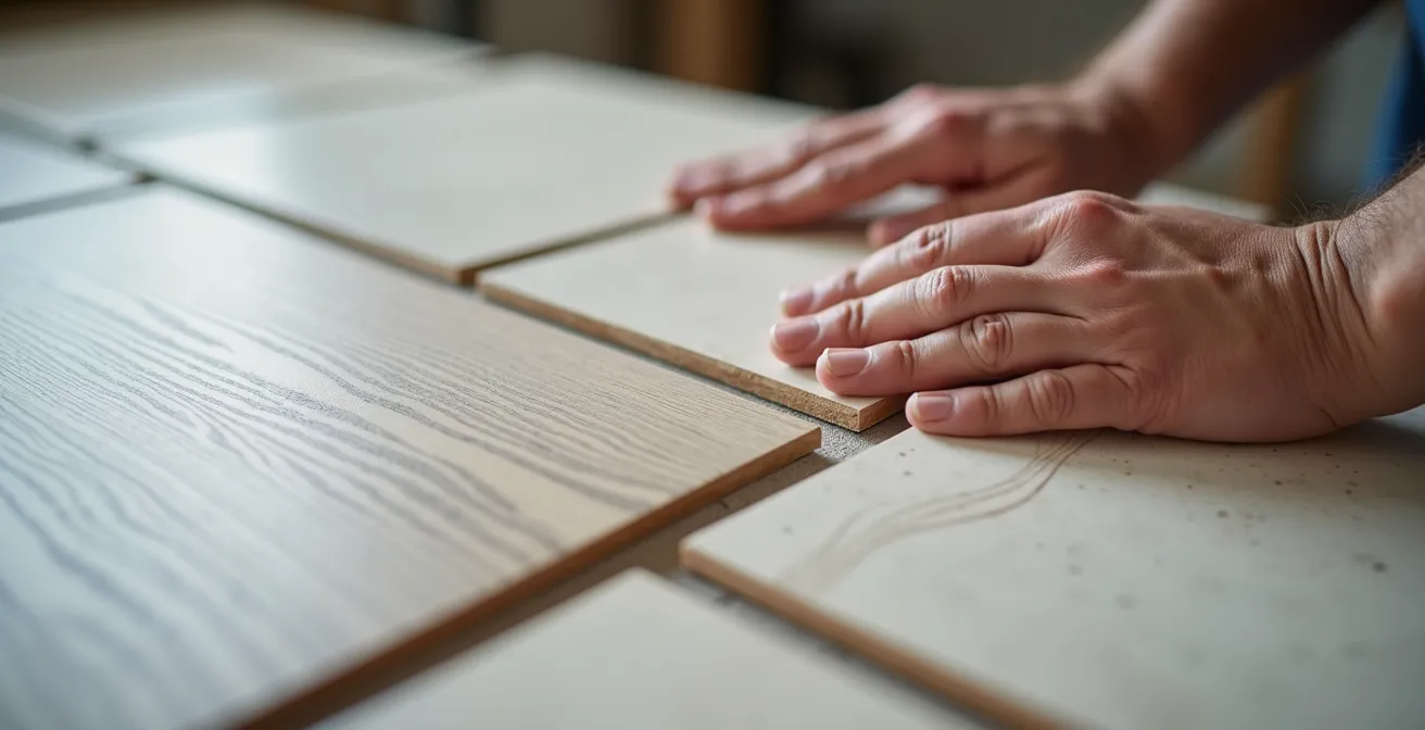Piastrellista professionista durante posa diagonale di grandi lastre in gres
