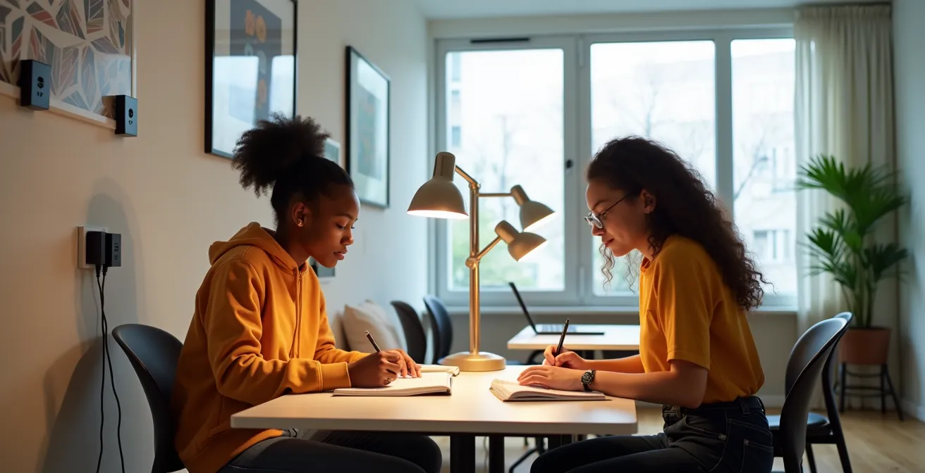 Appartamento ristrutturato con postazioni studio moderne, pensato per le esigenze degli studenti.