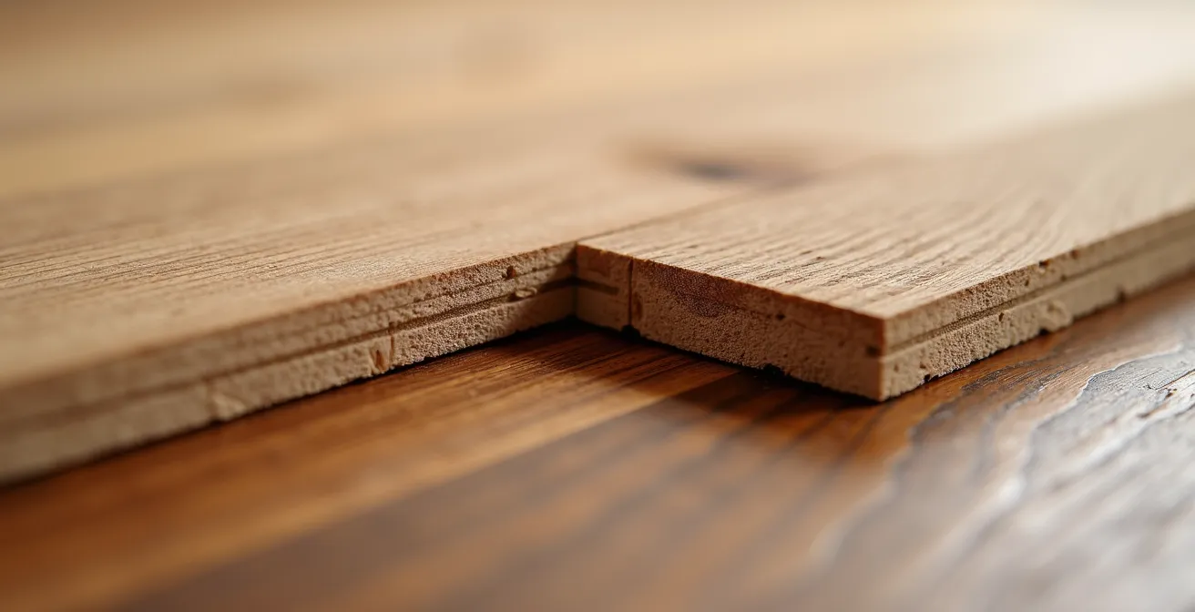 Dettaglio macro della struttura multistrato del parquet prefinito