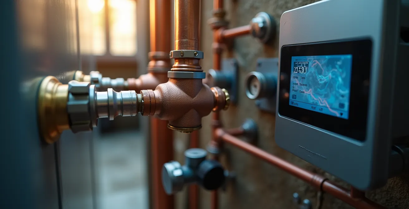 Sistema ibrido con caldaia a condensazione e pompa di calore in locale tecnico moderno