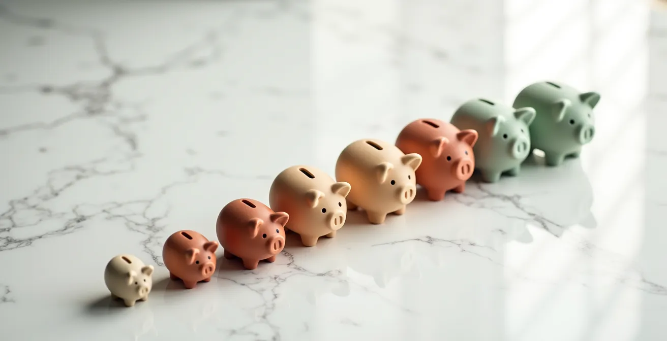 Composizione minimalista di salvadanai graduati che rappresentano la strategia di laddering