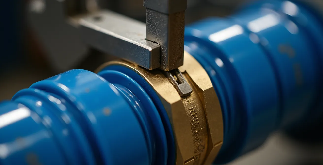 Dettaglio ravvicinato di un raccordo a pressione per tubo multistrato con pinza professionale