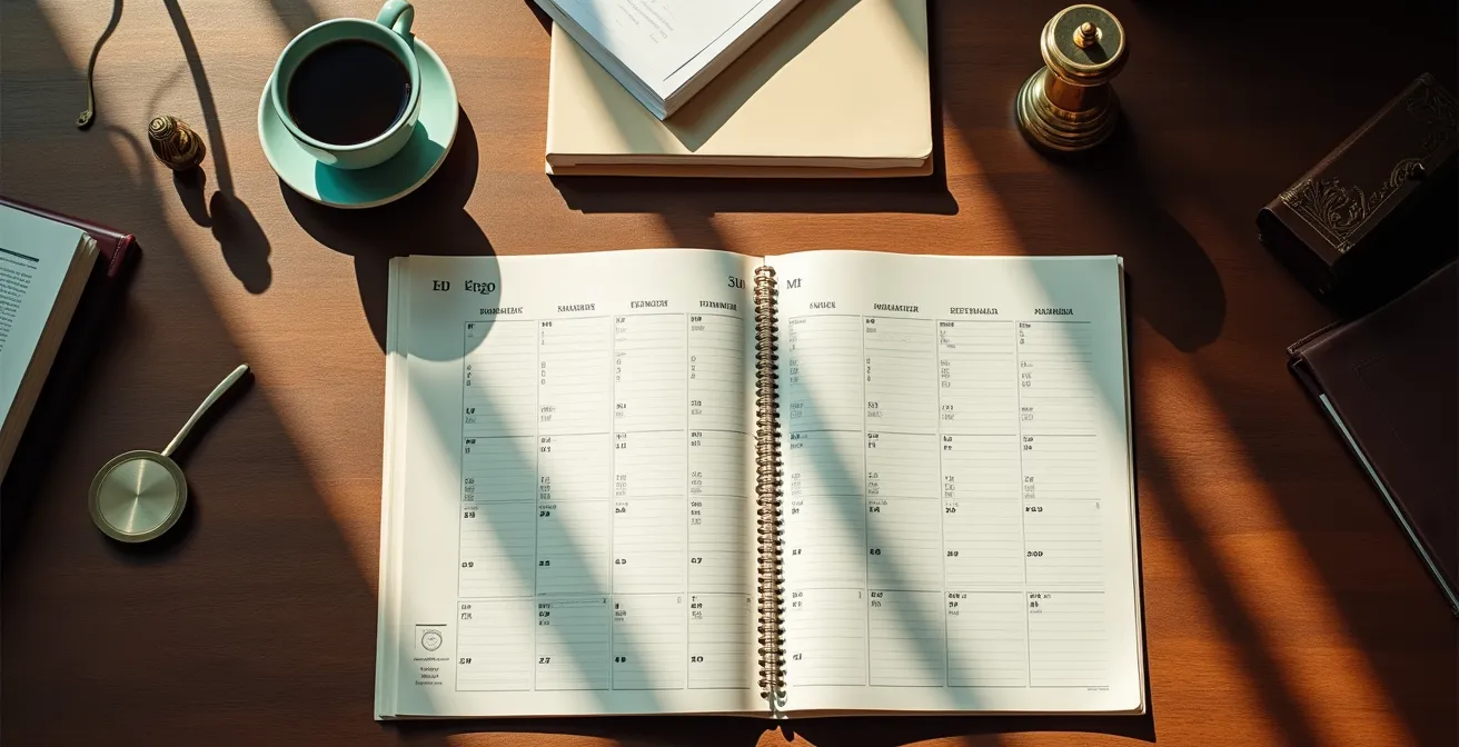Vista dall'alto di una scrivania con calendario e documenti legali che mostrano la lunga durata di una procedura di sfratto