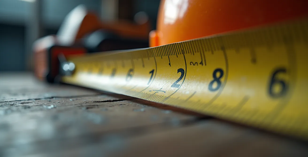 Metro da cantiere e strumenti di misurazione su planimetria tecnica