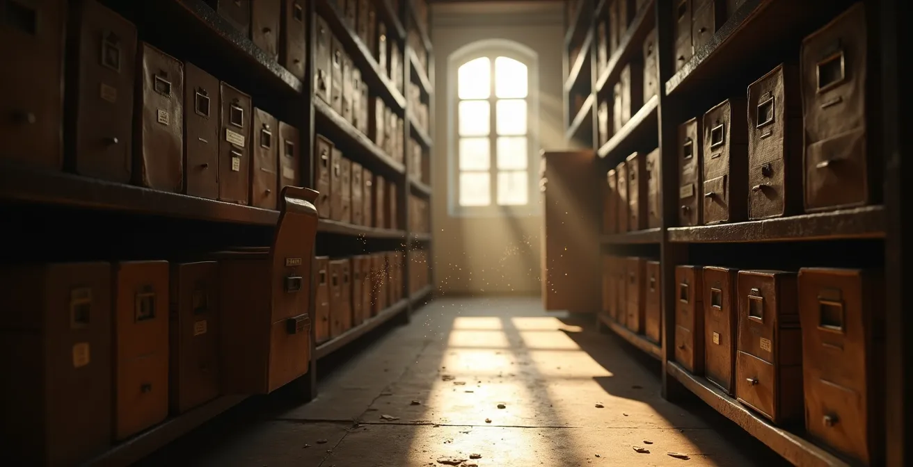 Archivio comunale con fascicoli edilizi e funzionario che consulta documenti storici