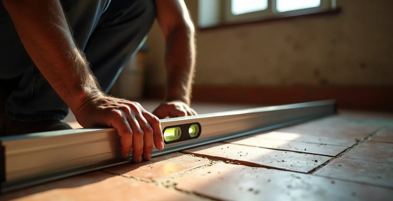 Artigiano che verifica la planarità del pavimento esistente con livella lunga