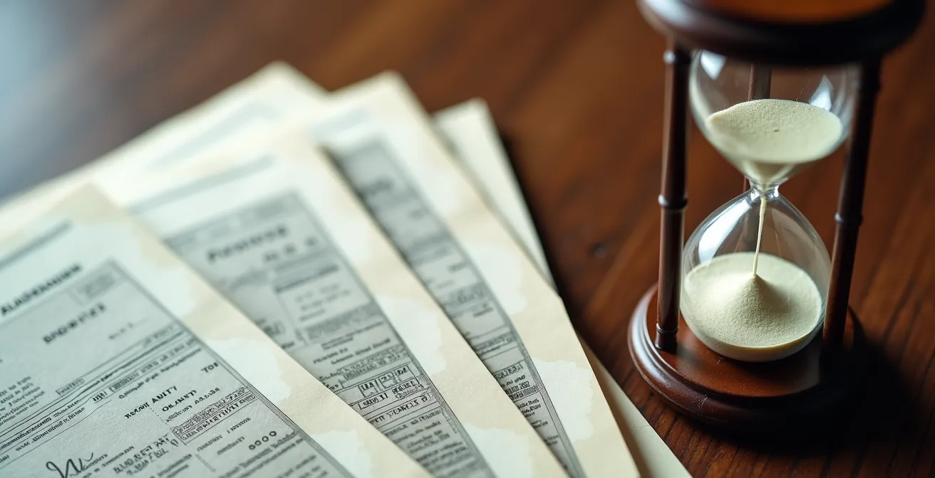 Documenti fiscali organizzati con timer che mostra scadenza quadriennale