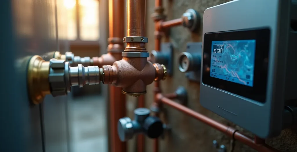 Sistema ibrido con caldaia a condensazione e pompa di calore in locale tecnico moderno
